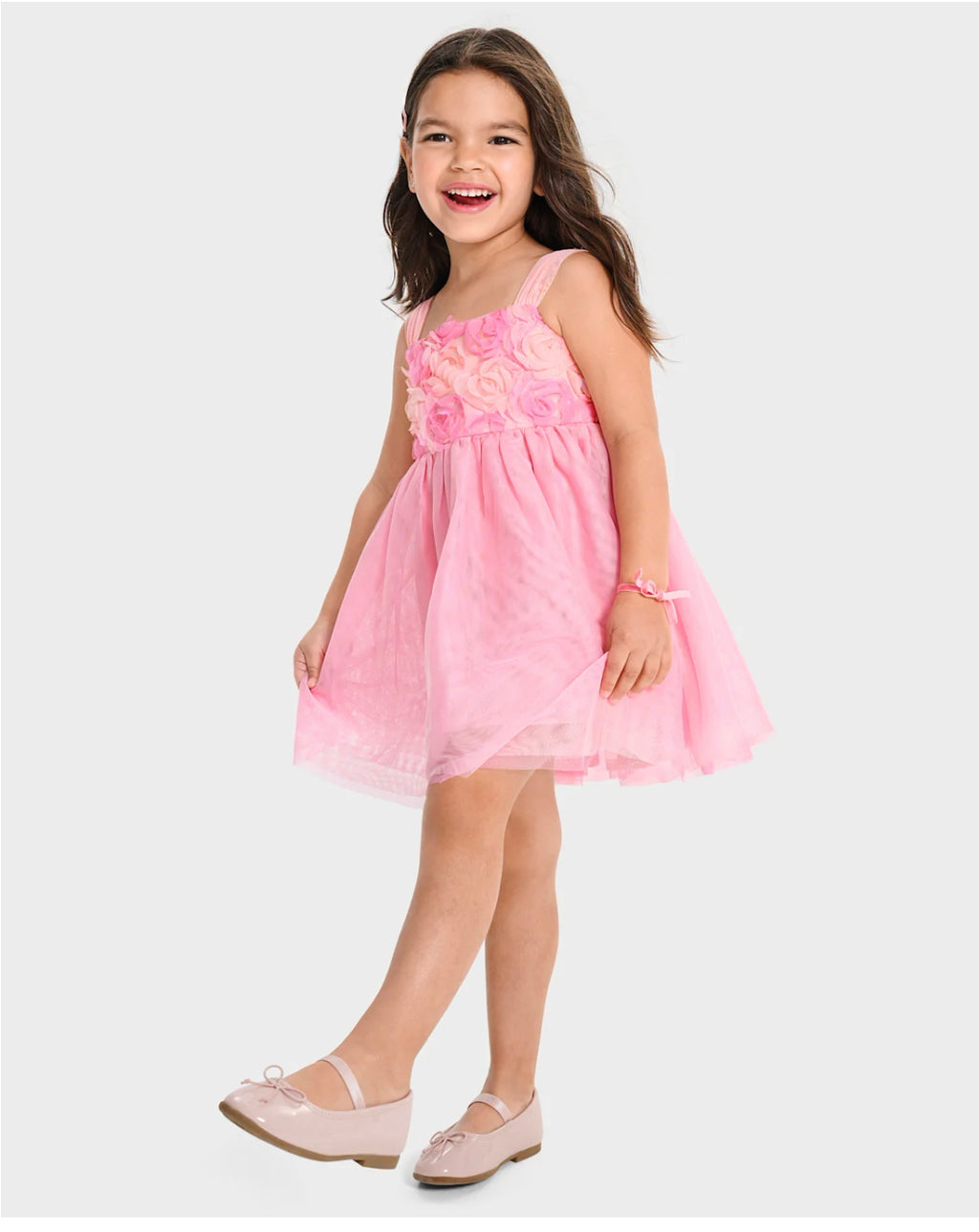 Girls 3D Rosette Mesh Fit and Flare Dress