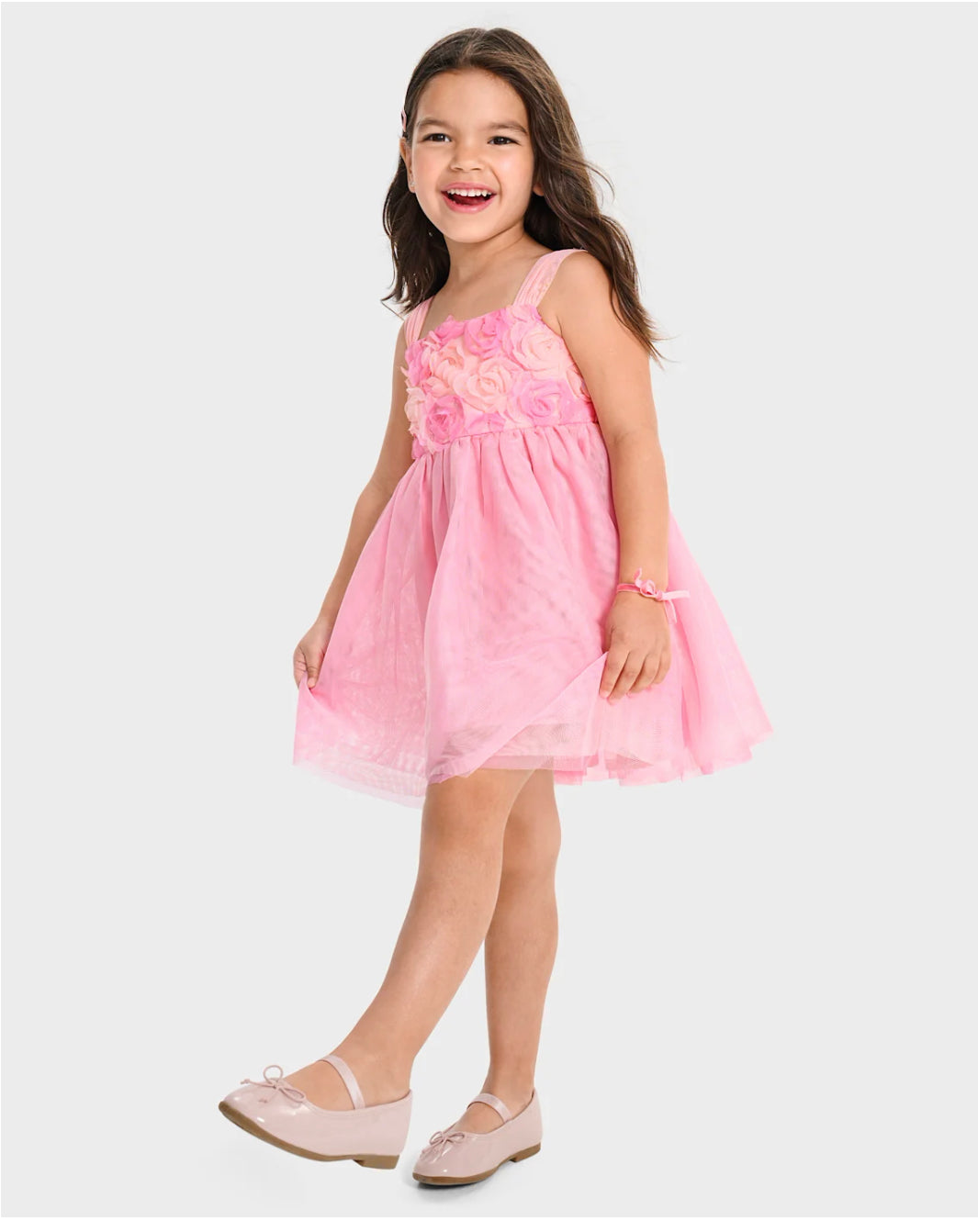 Girls 3D Rosette Mesh Fit and Flare Dress