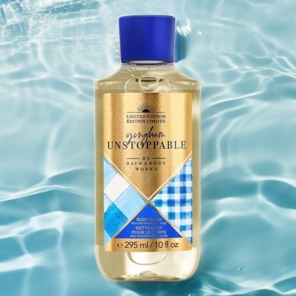 Gingham Unstoppable Body Wash by Bath and Body Works.
