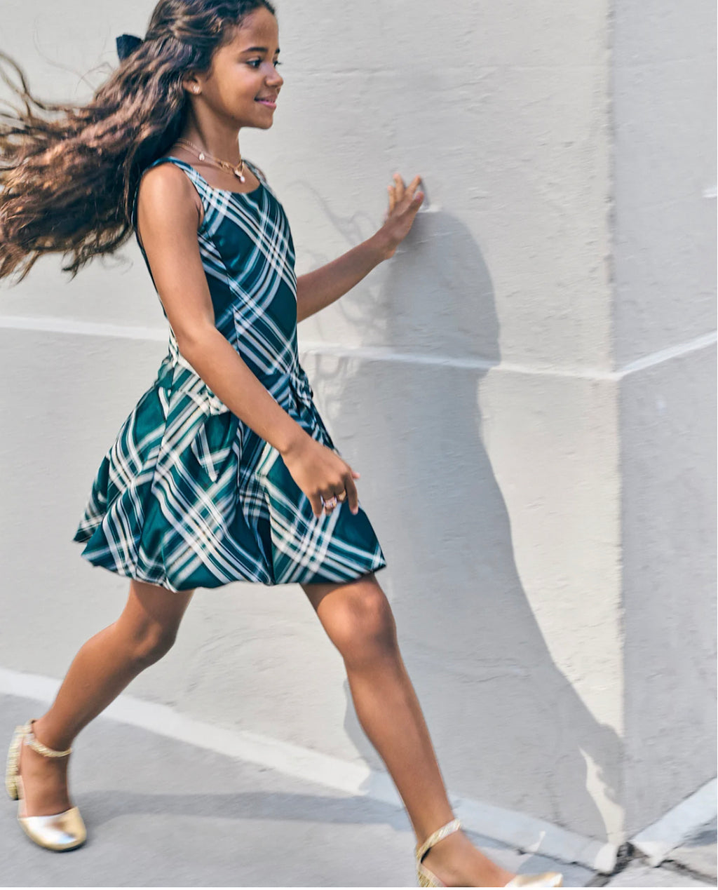 Girls Plaid Bow Satin Dress