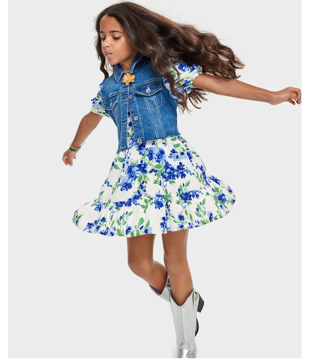 Girls Floral Pleated Ruffle Dress