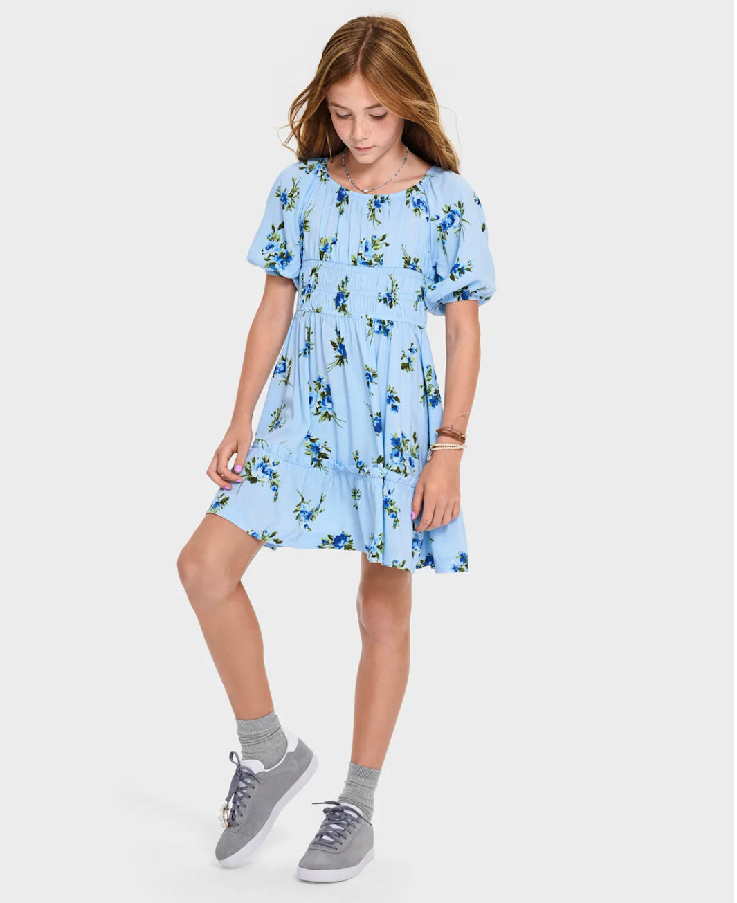 Girls Floral Smocked Ruffle Dress.