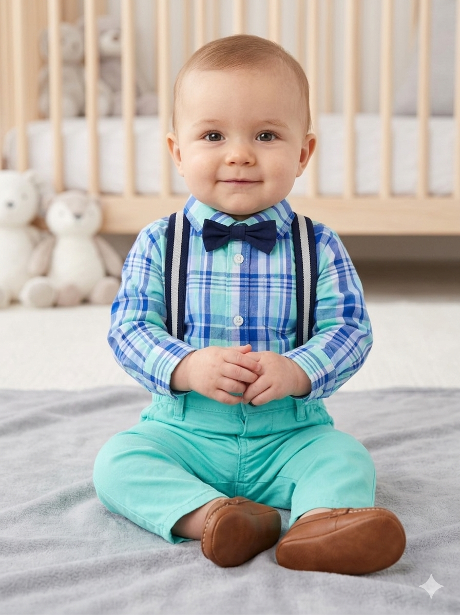 Baby Boys Plaid Poplin 4-piece Set— Size 6-12 Months.